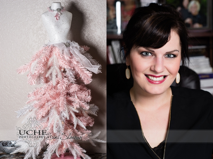04_mannequin Christmas tree with pink and white foliage at A.Cherie couture studio. Ashley Cherie Pugh in A.Cherie Couture studio at her desk