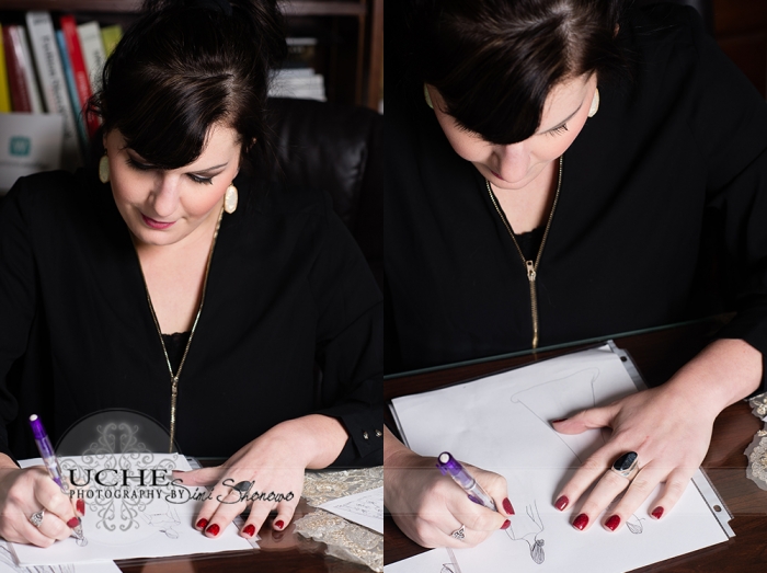 06_Ashley's new custom wedding dress design takes shape as she draws it at her desk in A.Cherie couture studio