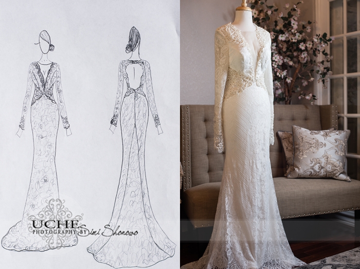 20_A.Cherie couture custom mermaid wedding dress with long sleeves drawing showing the front and the back of the dress beside a photo of the front of the dress